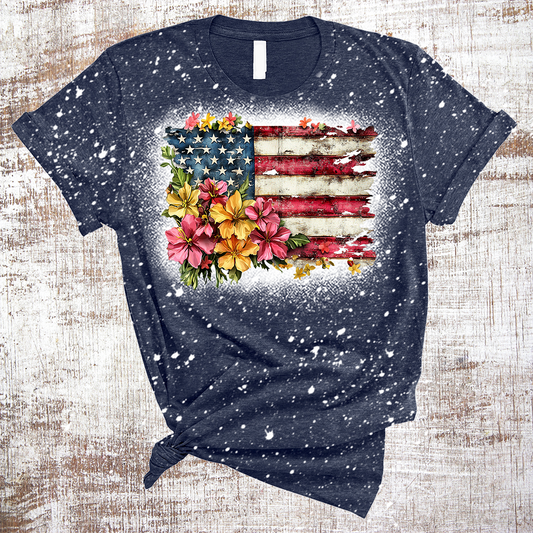American Flag Floral Patriotic Bleached Tee