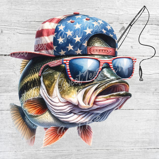 Bass American Flag Fishing 4th of July Sublimation Transfer