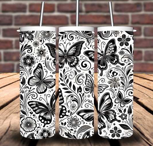 Butterfly Black and White Sublimation Tumbler 20oz 30oz