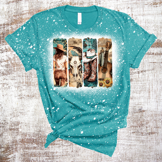 Country Boots Cowgirl Western Brushstroke Sublimation Bleached Tee