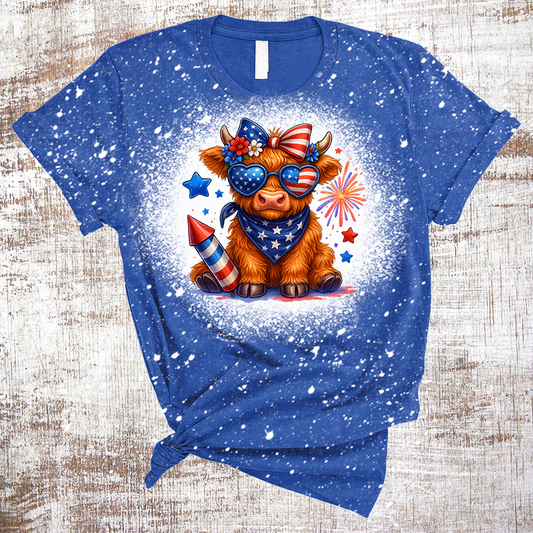 4th of July Highland Cow Fireworks Bleached Tee