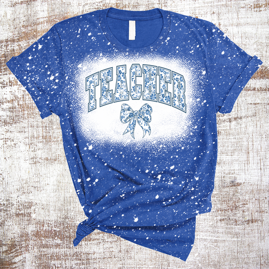 Teacher Blue Floral Sublimation Bleached Tee